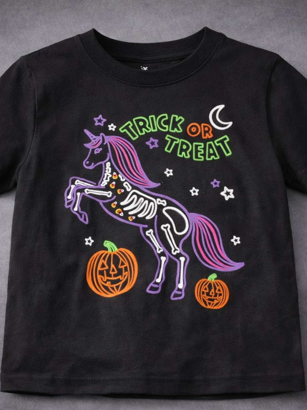 Celebrate It Black Unicorn Skeleton Trick or Treat Tee